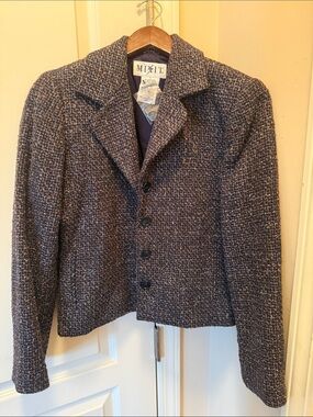 Mixit Navy Tweed Button-Front Blazer with Subtle Flecks
